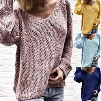 

Casual Women Loose Knitted Sweater V Neck Long Sleeve Jumper Top Knitted Fabric, Polyester, Spandex Women's Sweater кофта женска