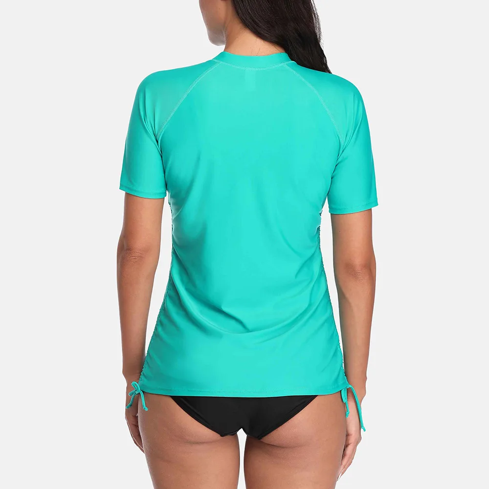 Charmleaks Women Short Sleeve Rash Guard Shirts Zip Front Swimwear Rashguard Top Side Bandaged Surf Top Diving Shirt UPF 50+ rash guard surfing swimsuit