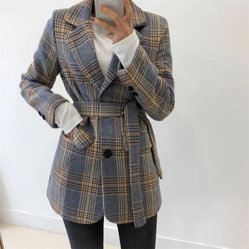

Korean Plaid Vintage Women Suit Blazers Coats 2020 Autumn Winter Single-breasted Belted Jackets Elegant Fashion Ladies Blazers