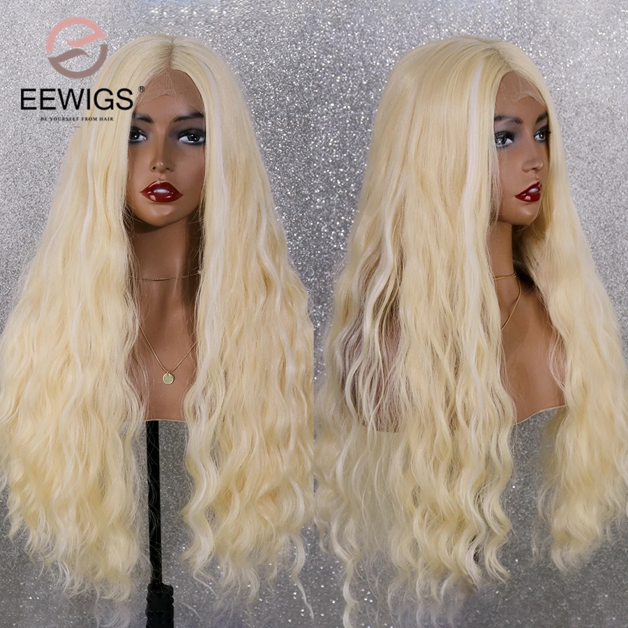 EEWIGS волна воды синтетический парик фронта шнурка блонд Glueless высокая температура волос парик длинные белые смешанные парики для женщин
