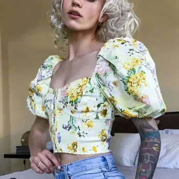 

Sexy Beach Crop Tops Women Blouse Shirts Ruffles Puff Blouses Feminino Puff Casual Blouse Clothes Vintage Blusas Muje