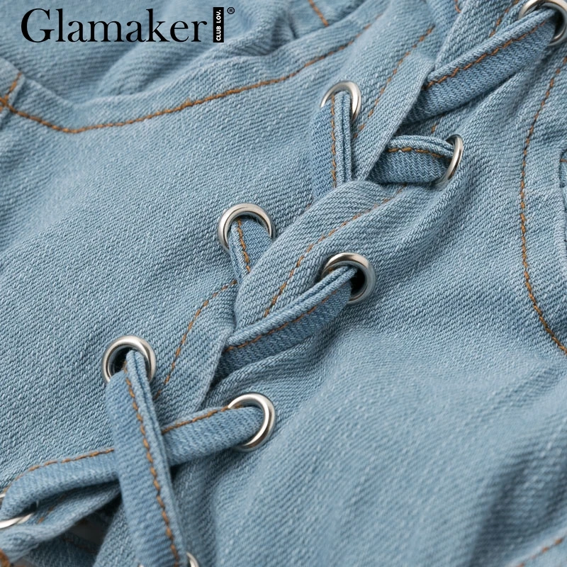 Glamaker, сексуальный джинсовый женский топ, женский, на шнуровке, элегантный, с пышными рукавами, джинсовая рубашка, Осень-зима, синяя блузка, рубашка, укороченные топы