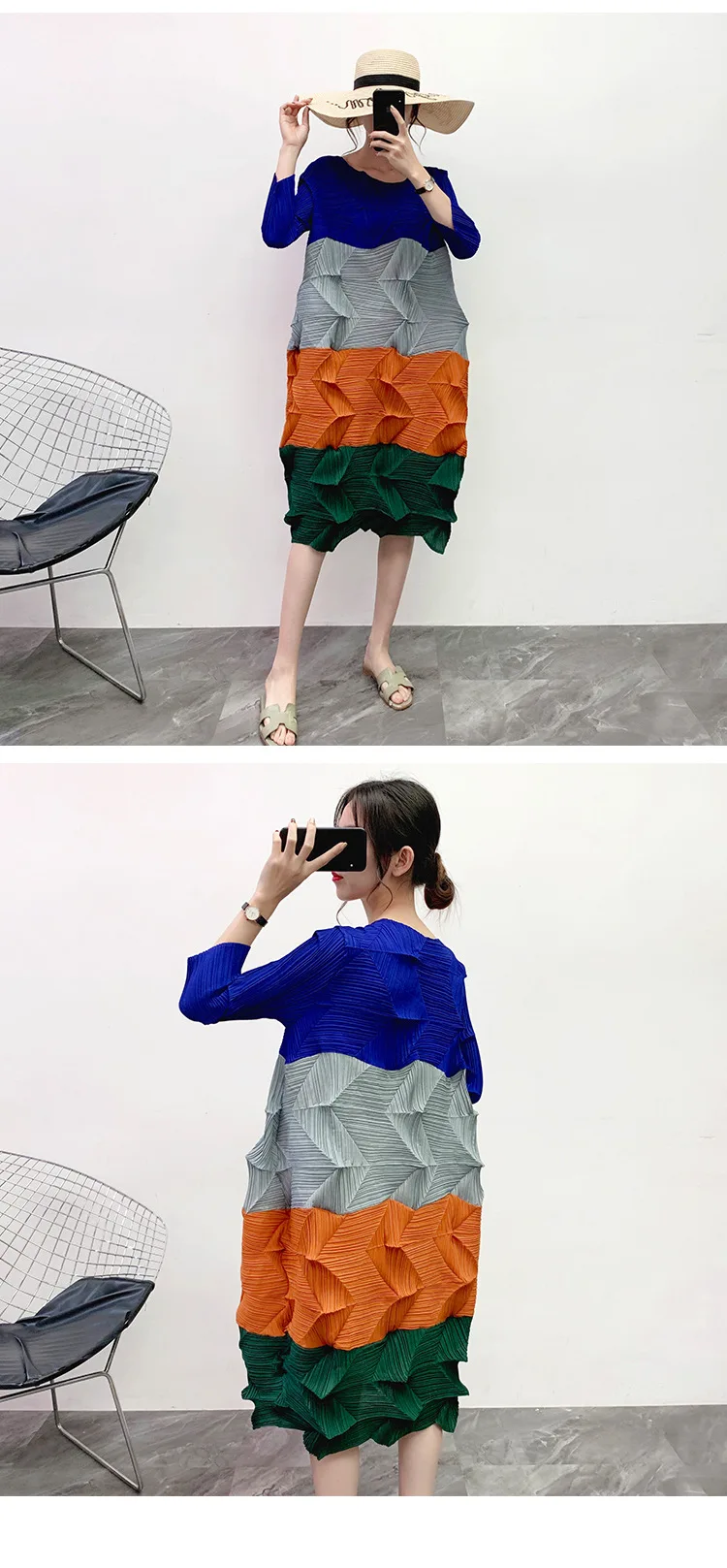 Женское платье размера плюс 45-75 кг, эластичное плиссированное платье Miyake, осень и зима, Новое цветное лоскутное свободное платье миди с круглым вырезом