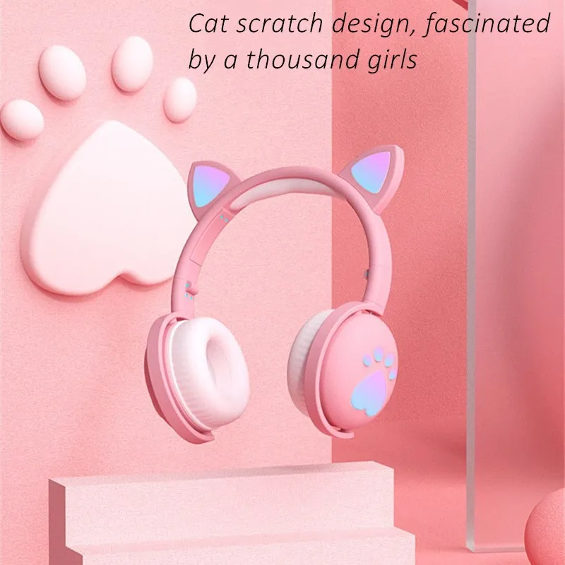 Shoumi Wireless Headphones Glowing LED Cat Ear Paw Christmas Girls Gift Kid Bluetooth Headset Stereo Bass 3 5 Headphone With Mic