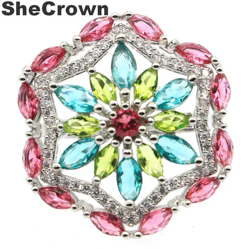 

28x25mm 9.5# Colorful Created Rhodolite,,Peridot,,Aquamarine Gift Silver Ring