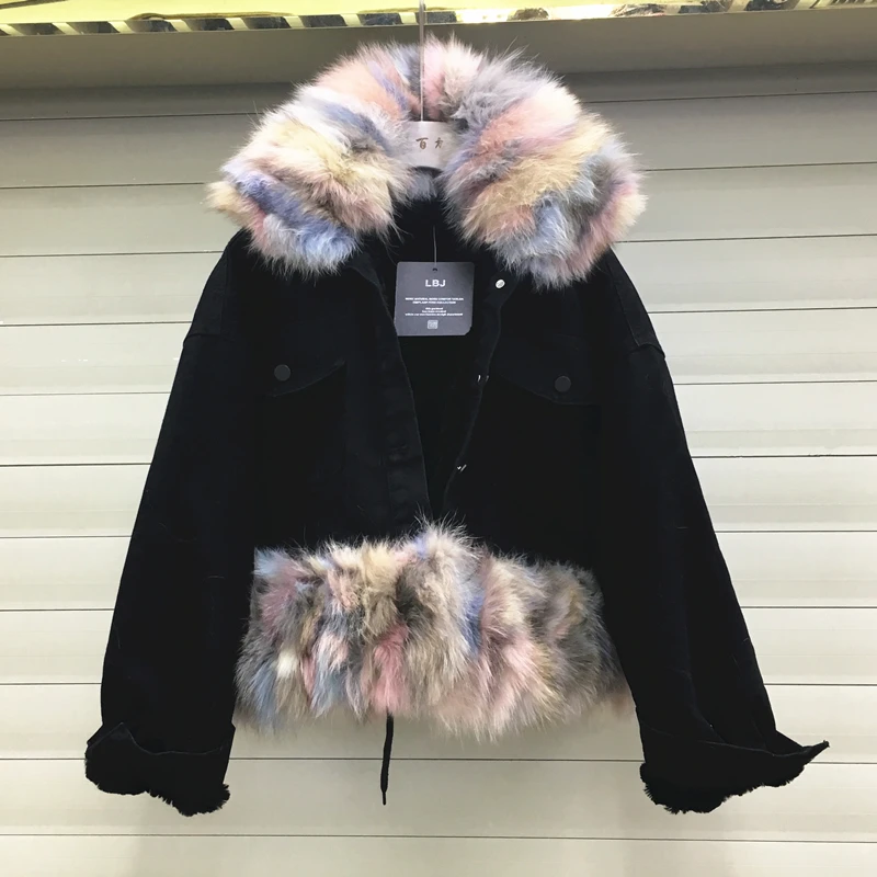 

2019 New Winter Real Fox Fur Collar Thickened Jean Jacket Female Hair Plush Warm Cotton Clothes Parka Women Denim Coats Parkas