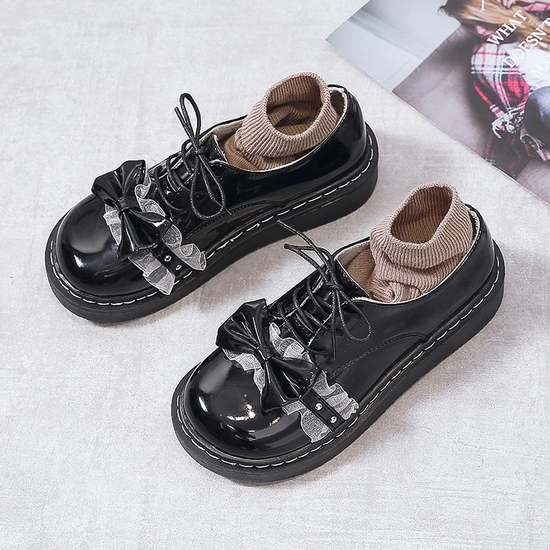

Woman Lolita Style Leather Shoes Harajuku Plaid Cloth Insole Cross Buckle Strap Oxfords Round Toe Platform Creepers Shoes U19-36