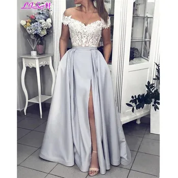 

Off the Shoulder Lace High Split Prom Dresses Elegant Sweep Train Formal Evening Gowns Long Special Occasion Dress 2020