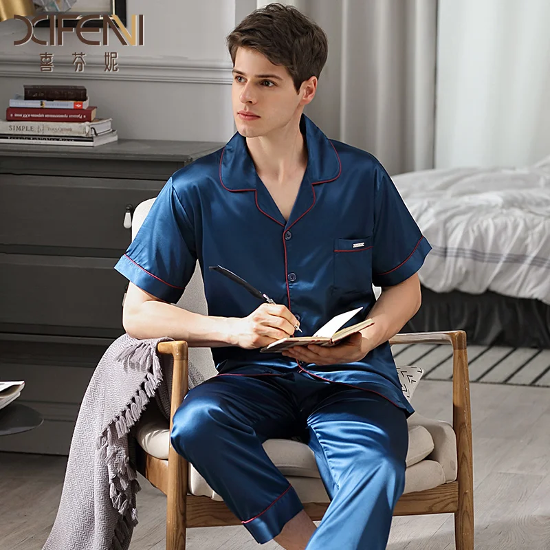 Sleepwear Male Summer Short Sleeve Long Pants Two-Piece Pajama Sets Ice Silk Thin Men Pyjamas Homewear 9007