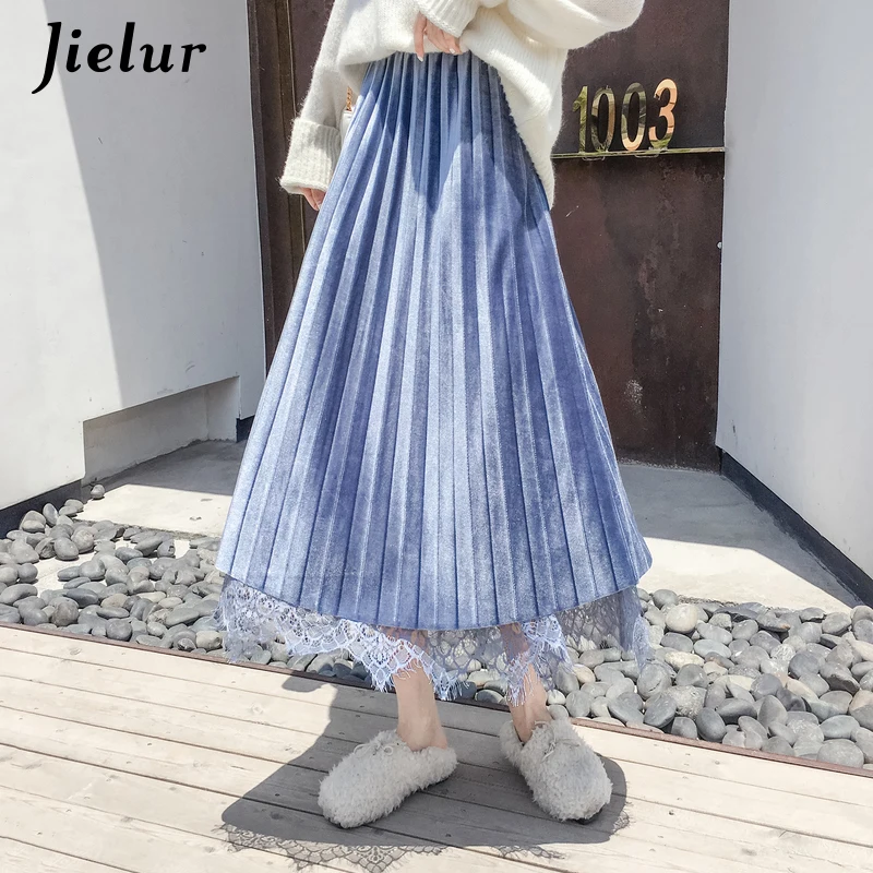 Jielur новые женские плиссированные юбки двухцветные эластичные бархатные юбки с высокой талией на осень и зиму тонкая юбка из прозрачной ткани