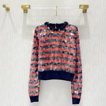 

100% Wool Brand fashion women's high-end luxury autumn winter vintagemermaid wool contrast striped sequin knitted sweater