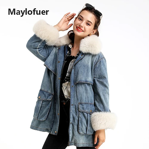 Maylofuer Новая женская синяя джинсовая куртка съемный пуховик натуральный Лисий мех воротник и манжеты с поясом - Цвет: as photo
