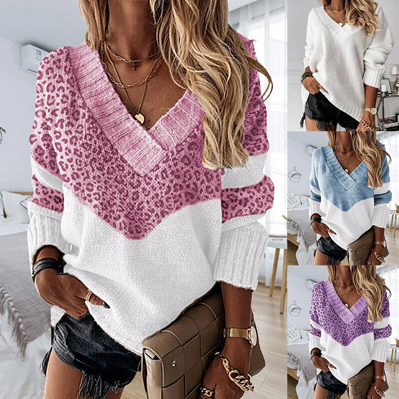 

2021 Winter New Fashion Women Leopard Knitted Print Sweater Autumn Comfortable Long Sleeve Female Pullovers Casual Tops
