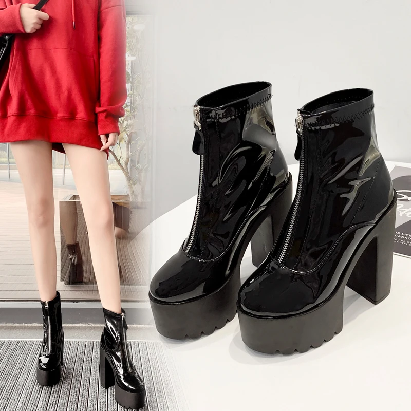 Patent leather Women Motorcycle Boots 14cm Ultra high heels Platform Wedges Zip Ankle boots Autumn Winter Martin boots Shoe