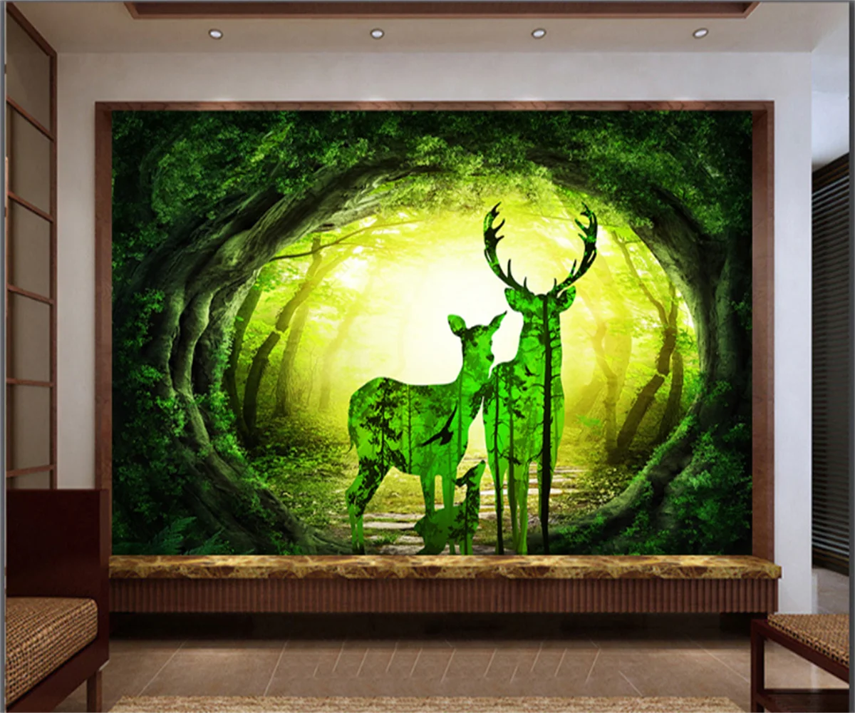 

3D Green Fantasy Forest Elk Landscape Background Wall Painting Customize Any Size Hotel Tooling Background Wallpaper
