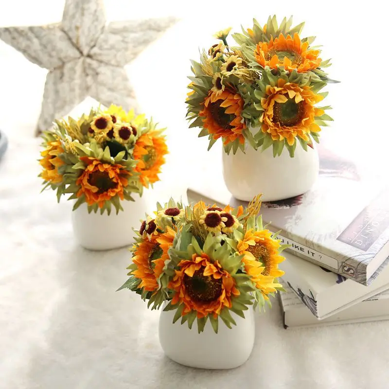 

Autumn Decoration 5 Heads Yellow Sunflower Silk Artificial Flowers Bouquet For Home Decoration Office Party Garden Decor 4