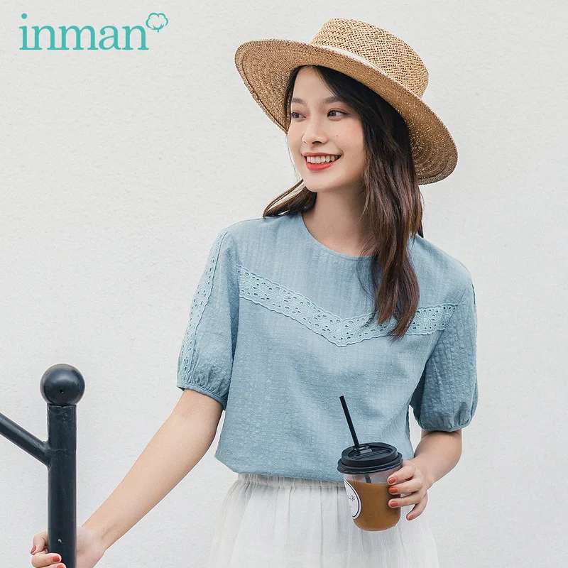 Блузка из жаккардовой ткани для отдыха с круглым вырезом и шнуровкой inman лето