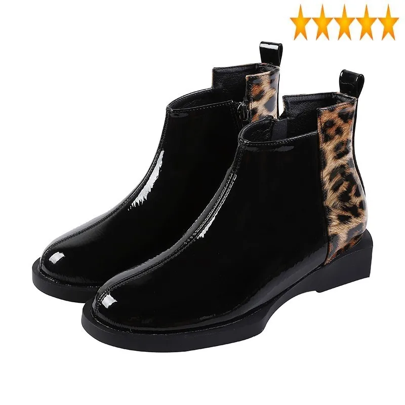 

Ankle Fleece Lining Winter Women Fashion Leopard Patchwork Round Toe Flats Boots Zipper Ladies Casual High Top Shoes