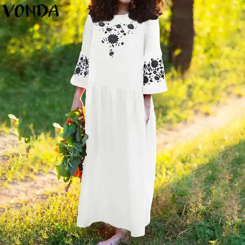 VONDA богемное платье, женское праздничное летнее платье, повседневное свободное винтажное платье с рукавом 3/4 и цветочным принтом, летнее платье размера плюс