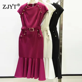 

High Quality Europe Fashion Runway Dress Women 2020 New Spring Summer Cap Sleeves Buttons Solid Trumpet Mid Calf Party Dresses