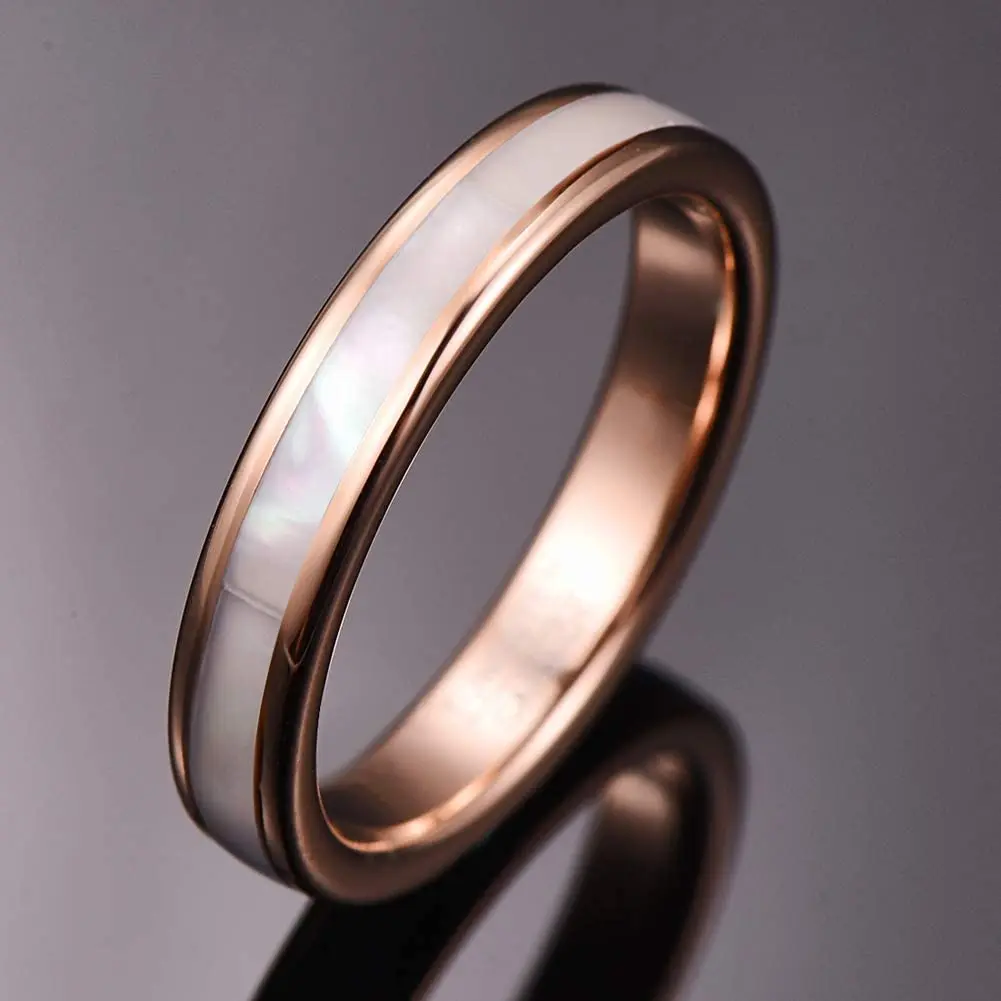 4 mm Tungsten Carbide Ring Women Rose Gold Tungsten Steel Ring with Mother of Pearl Shell Comfort Fit