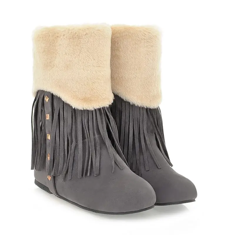 EGONERY Warm snow boots fashion winter Punk rivet cool girl ankle boots Fringed outdoor plush flock woman walking shoes
