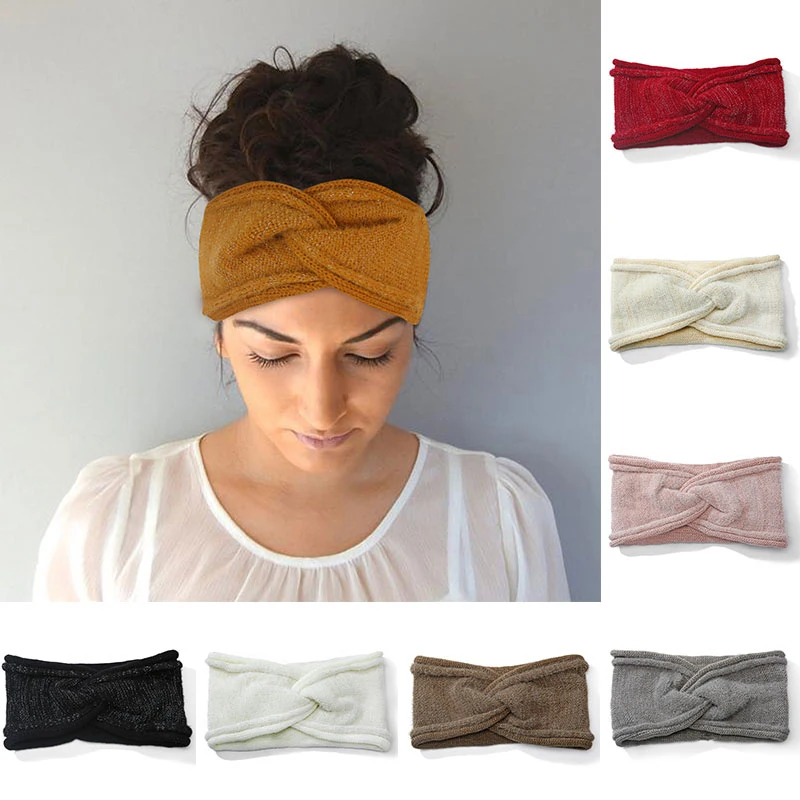 

Woolen Knitted Headband Ear Warmer Wide Head Wrap Winter Hair Accessories Elastic Hair Bands Solid Color Crossed Hairband