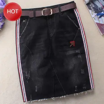 

women side stripe knee-length package hip skirt denim high waist jeans pencil skirts plus szie spring summer new