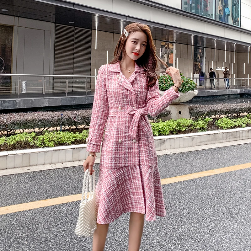 Autumn Winter Pink Plaid Tweed Wool Long Coat Women Notched Double Dreasted Sashes Ruffles Woolen Overcoat Mermaid Outerwear
