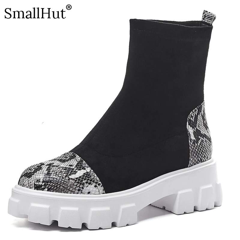

Platform Boots Cow Leather Women Autumn Mixed Colors Ladies Stretch Fabric Shaft E171 Fashion Woman Black Snake Round Toe Boots
