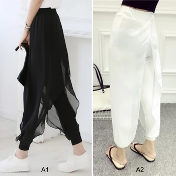 

Ladies Wide Leg Loose Casual Pleated Chiffon Capri Palazzo Pants Women's Elastic Waist Solid Color Sport Soft Breathable Pants