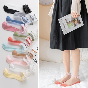 

3 Pair Flowers Lace Ladies Sheer Socks Transparent Thin Crystal Silk Elastic Cotton Sole Elegant Women Ankle Socks Girls Hosiery