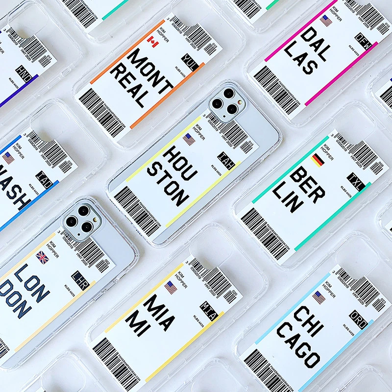Air Ticket USA City London Label Tokyo Paris Casing Jernih Dunia untuk iPhone 11 Pro 12 XS Max 7 8 Plus Houston Chicago Sampul Kode QR