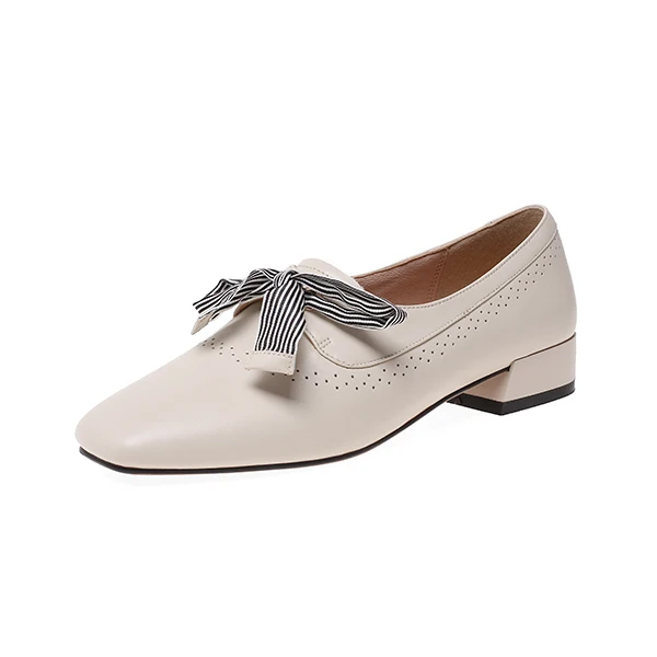 Beige RJN/элегантные женские туфли-лодочки дышащие удобные туфли-лодочки из коровьей кожи на низком квадратном каблуке с бантиком-бабочкой без застежки; RO39 - Цвет: Beige