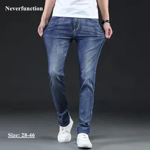 Мужские тонкие Стрейчевые Бизнес Стиль Простые синие прямые джинсы модные мужские хлопковые повседневные джинсовые штаны брюки плюс размер 44 46