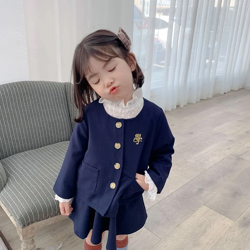 

Girls Dress Embroidered Single-breasted Children's Clothes Two-piece College Wind Style Fashion Autumn Baby Pure Color Coat