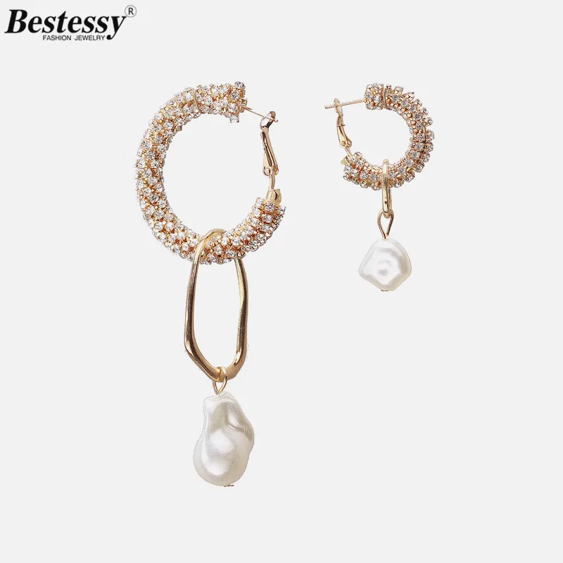 

Bestessy Classic Rhinestone Chic Crystal Circle Drop Dangle Earrings Simulated Pearl Pendant Long Asymmetrical Earrings Women