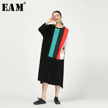 

[EAM] Women Black Striped Split Big Size Vent Dress New Round Neck Long Sleeve Loose Fit Fashion Tide Spring Autumn 2020 1R291