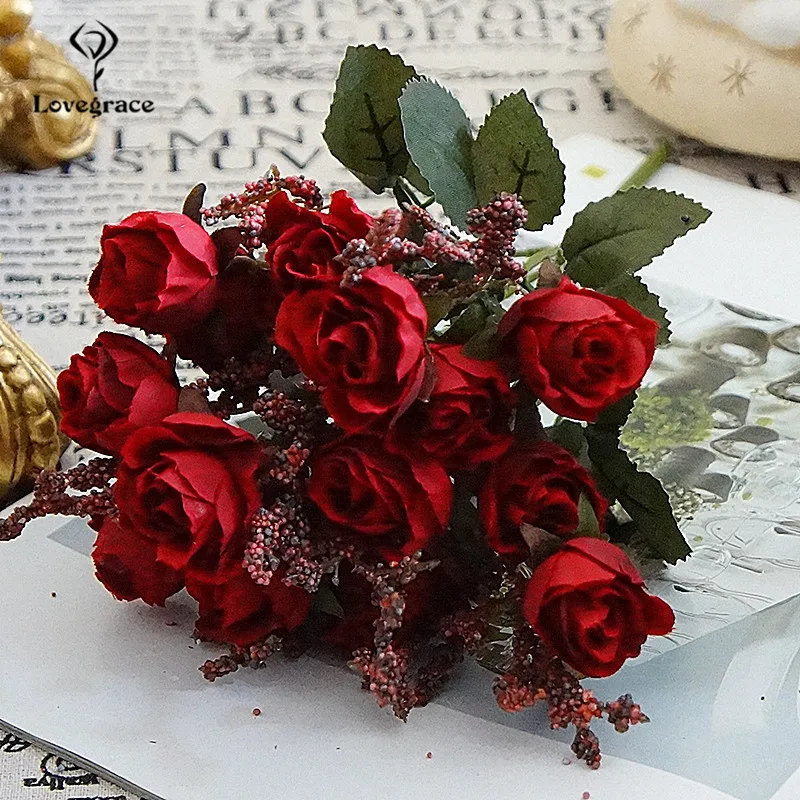 Fabric Rose Red Silk Bouquet Artificial Flowers 15 Heads Small Flannel Bride Bouquet Wedding Home Table Decor Fake Flowers Faux