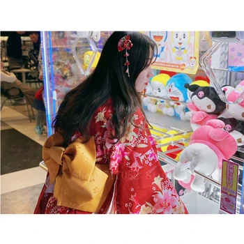 

4PCS Japanese Traditional Kimono Set for Women Flower Print Yukata Adult Ceremony Asian Festival Obi Belt Bow Lining Set Costume