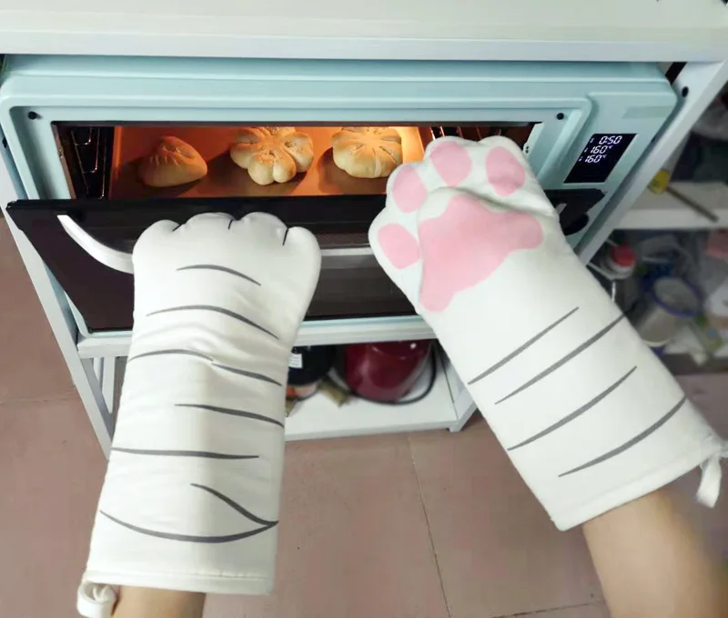Adorable 3D Cartoon Cat Paws Oven Mitts Long Cotton Baking Insulation Gloves Microwave Heat Resistant Non-slip Kitchen | Дом и сад