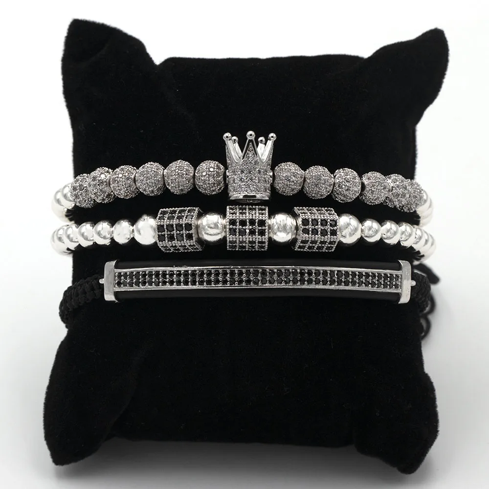 Luxury Jewelry CZ Ball Crown Charm Bracelet Copper Bead Macrame Handmade Men 3pcs Bracelets Set Bangles For Men Jewelry - Окраска металла: 6mm cz Hexagonal S