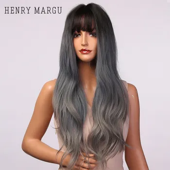 

HENRY MARGU Long Wavy Synthetic Wigs With Bangs Ombre Grey Blue to Black Wigs for Women Natural Daily Hair Wigs Heat Resistant