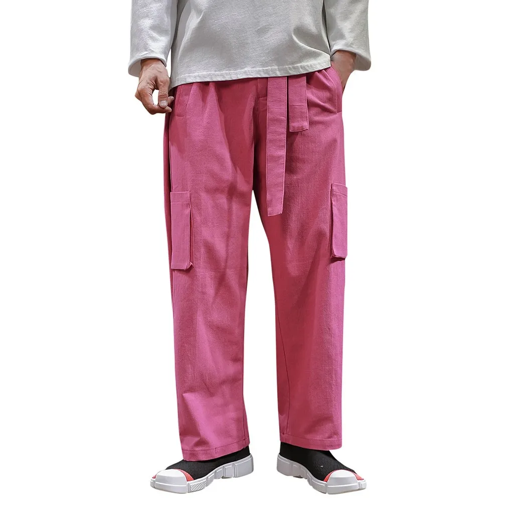 PINK Feitong, уличная одежда, брюки для мужчин, стиль, Ретро стиль, большой размер, много карманов, лен, широкие брюки, брюки карго, брюки для мужчин - Цвет: PINK