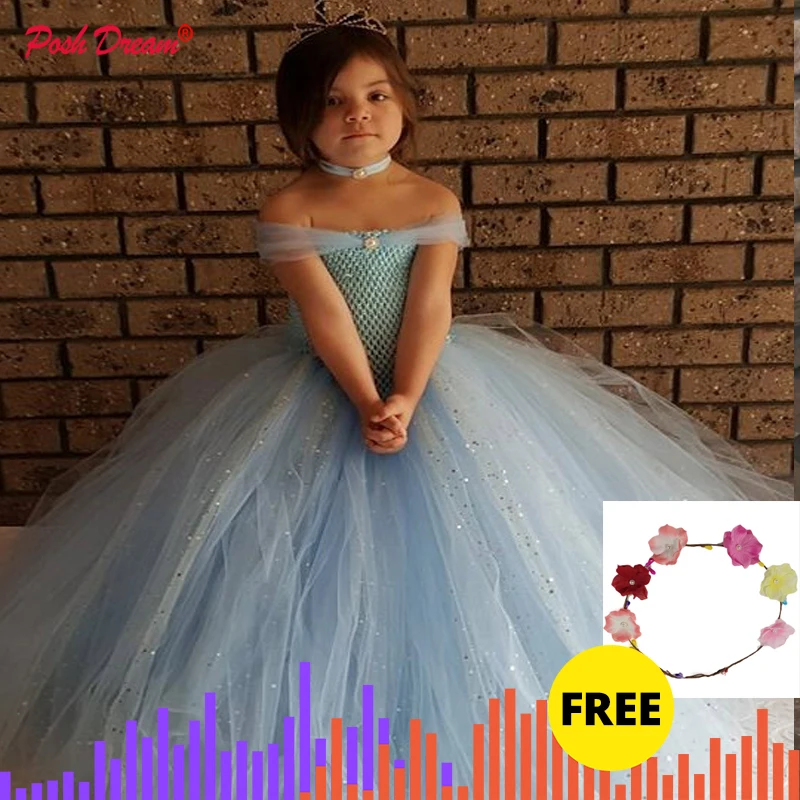Comprar Vestido de tutú de fiesta de tul azul claro brillante para niñas vestido de bola de brillo azul impresionante para niñas vestido de niña de flores para boda