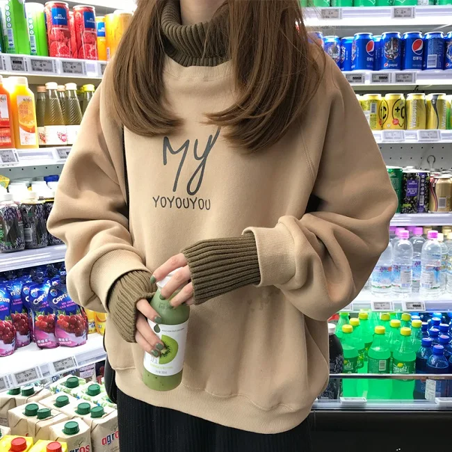 Ins fashion letters plus velvet thick sweatshirt women winter new Harajuku high collar loose hooded casual female sweatshirt - Цвет: Khaki