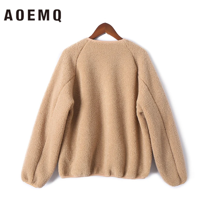 AOEMQ Модное 4 однотонное пальто из овечьей шерсти свободного размера плюс, мягкая верхняя одежда, куртки на молнии с v-образным вырезом, зимние женские пальто