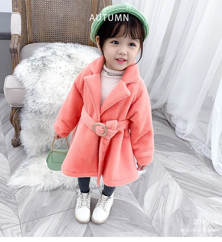 

New winter Korean style sweet artificial mink fur long-sleeved long section woolen jacket outerwear with belt for girls