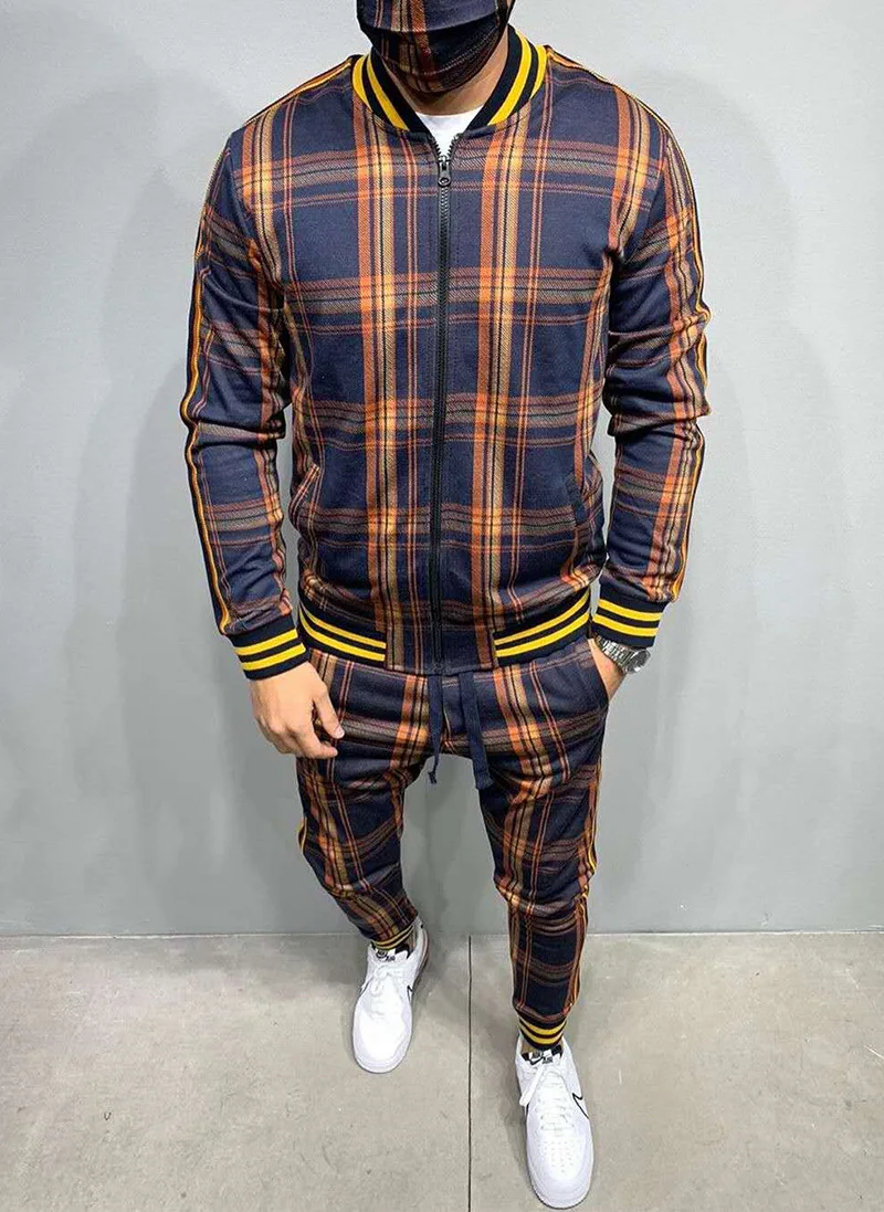 

Gentleman Flower Plaid Men's Suit Jacket + Pants Sports Tracksuit High Quality 3D Printing Zipper Two-Piece Set Spot Europe 3XL