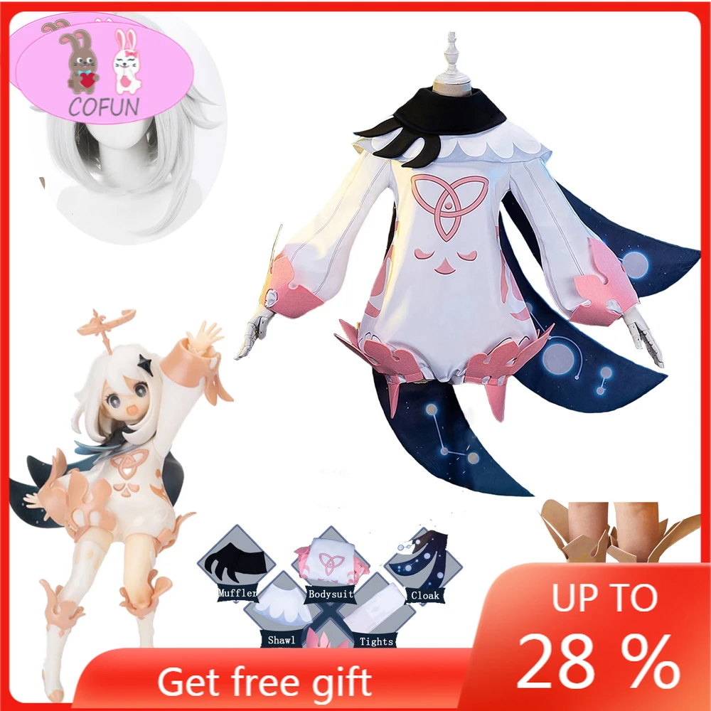 

Game Genshin Impact Paimon Cosplay Costume Full Set Lolita Jumpsuits Adult Women One-Piece Uniform Party Halloween Wig Shoes